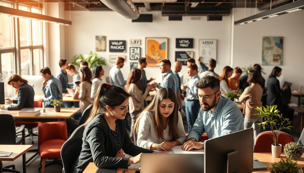 A bustling office space representing the diverse sectors of the "portage salarial" system in France. Bathed in warm, natural lighting, the scene depicts a dynamic work environment populated by professionals from various industries, each engaged in their respective tasks. In the foreground, a team from the Umalis Group collaborates on a project, their expressions focused and determined. In the middle ground, individuals from different backgrounds - tech, finance, healthcare - converse animatedly, sharing ideas and exchanging knowledge. The background features a blend of modern furniture, sleek computer workstations, and inspirational wall art, creating an atmosphere of productivity and innovation. The overall composition conveys the interconnectedness and opportunities offered by the "portage salarial" model in France.