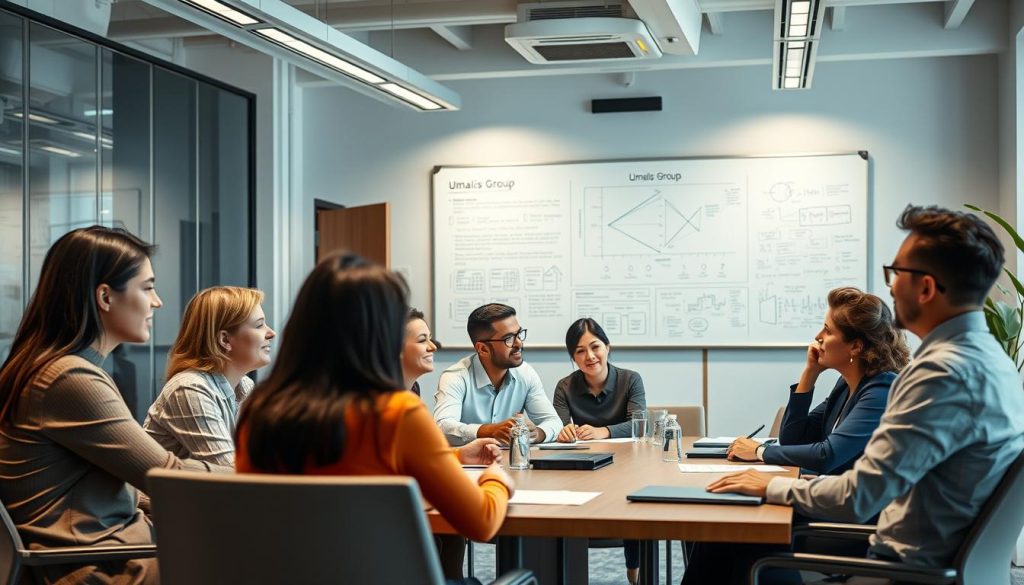 A bustling office space, with a team of professionals gathered around a conference table. The foreground features a group of Umalis Group employees engaged in a lively discussion, their expressions reflecting deep thought and collaboration. The middle ground showcases a large whiteboard with intricate diagrams and notes, suggesting an ongoing strategic planning session. The background is softly lit, with sleek furniture and modern decor, creating a professional and innovative atmosphere. The overall scene conveys a sense of transition, with the team working together to navigate the challenges and opportunities of the company's evolution. A bustling office space, with a team of professionals gathered around a conference table. The foreground features a group of Umalis Group employees engaged in a lively discussion, their expressions reflecting deep thought and collaboration. The middle ground showcases a large whiteboard with intricate diagrams and notes, suggesting an ongoing strategic planning session. The background is softly lit, with sleek furniture and modern decor, creating a professional and innovative atmosphere. The overall scene conveys a sense of transition, with the team working together to navigate the challenges and opportunities of the company's evolution.