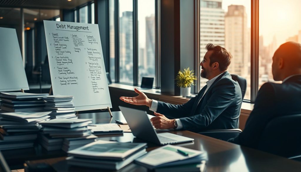 A bustling office with a financial advisor from the Umalis Group sitting at a desk, surrounded by stacks of documents and a laptop. The advisor is engaged in a deep discussion with a client, gesturing towards a whiteboard displaying various debt management strategies. The lighting is warm and focused, creating a sense of professionalism and expertise. In the background, a cityscape can be seen through large windows, suggesting the importance of financial security for independent professionals. The overall mood is one of confidence and control, reflecting the comprehensive guide's focus on managing debt while maintaining income security.