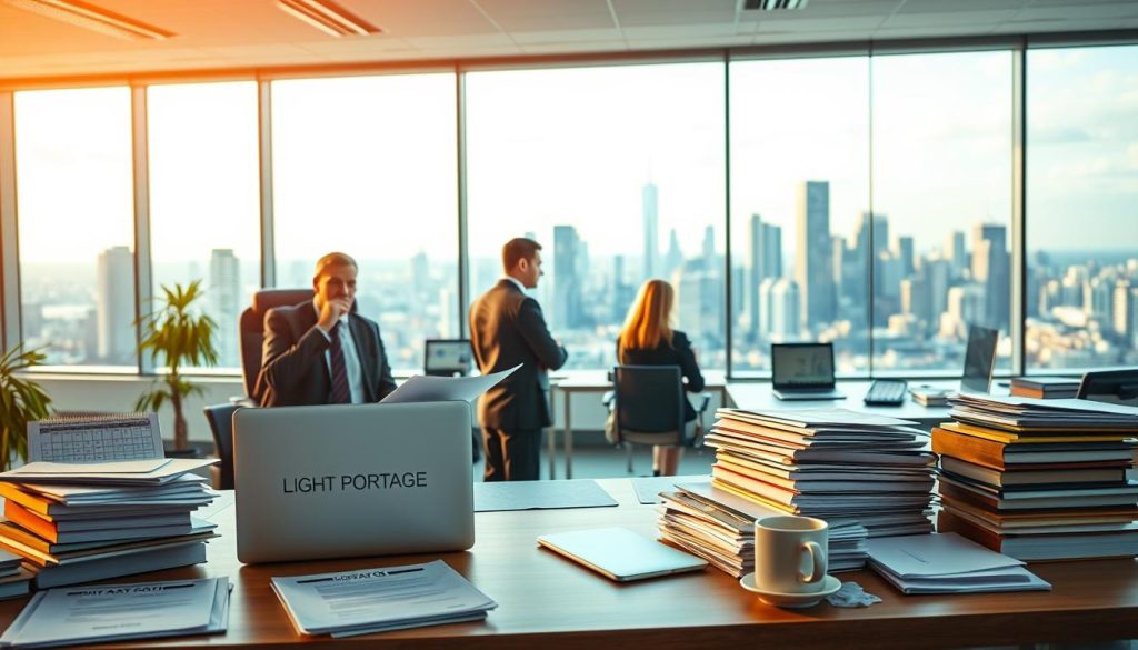 A bustling office workspace with a LIGHT PORTAGE brand laptop on a desk, surrounded by stacks of paperwork, a calendar, and a cup of coffee. In the foreground, a person in professional attire contemplates a contract document, while in the middle ground, colleagues engage in a lively discussion. The background showcases a panoramic view of a modern city skyline, bathed in warm, golden lighting, symbolizing the benefits and challenges of contract work.