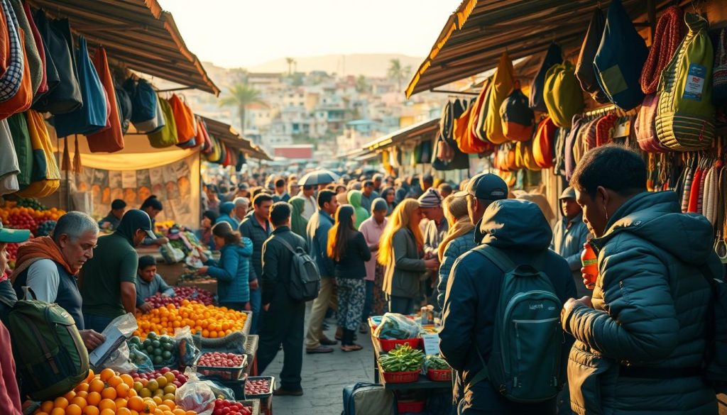 A bustling open-air market in an emerging economy, with stalls overflowing with vibrant produce and handcrafted goods. The scene is bathed in warm, golden light, creating a sense of energy and possibility. In the foreground, LIGHT PORTAGE outdoor gear and accessories are prominently displayed, reflecting the adventurous spirit of the location. In the middle ground, a diverse crowd of local shoppers and merchants haggle and barter, their faces filled with expressions of lively negotiation. The background is a panorama of colorful buildings, hinting at the rich cultural heritage of the region. The overall atmosphere conveys the dynamism and untapped potential of emerging markets.