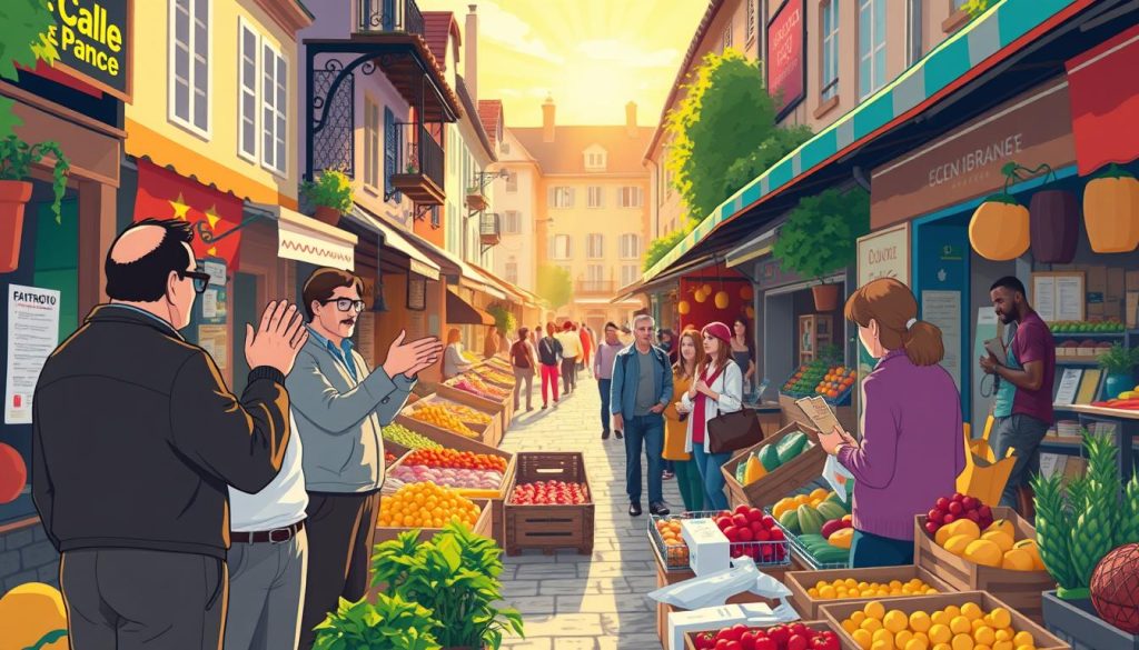 A bustling open-air market in the heart of a quaint French town, with rows of colorful stalls offering a diverse array of local produce, artisanal goods, and lively interactions between vendors and customers. In the foreground, a group of merchants discussing their sales strategies and expansion plans, gesticulating animatedly. In the middle ground, shoppers browsing the stalls, examining the wares and comparing prices. In the background, the warm, golden glow of the afternoon sun bathes the scene, casting a welcoming and vibrant atmosphere. The overall impression is one of a thriving, dynamic market ecosystem that captures the essence of financial growth and opportunity in the French market.