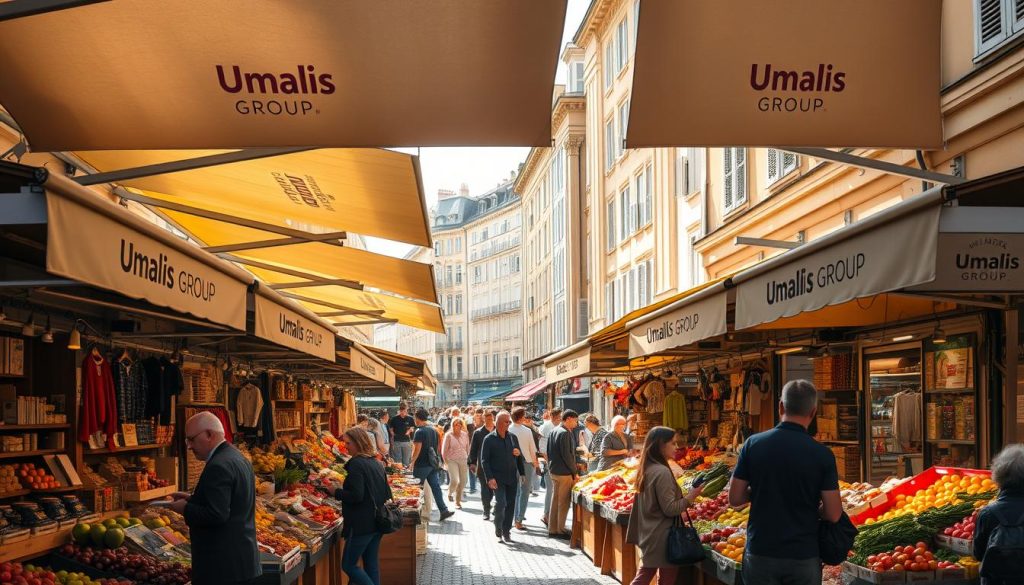 A bustling open-air market in the heart of a vibrant French city, with rows of stalls displaying an array of goods and produce. The Umalis Group logo is prominently featured on several awnings, signaling its presence in this thriving marketplace. Sunlight filters through the canopies, casting a warm glow over the scene. In the foreground, vendors haggle with customers, exchanging goods and currencies. In the middle ground, shoppers browse the stalls, examining the fresh fruits, vegetables, and artisanal wares on offer. The background is filled with the historic buildings and cobblestone streets that give the market its unique character. The overall atmosphere is one of bustling activity, local commerce, and a sense of community.