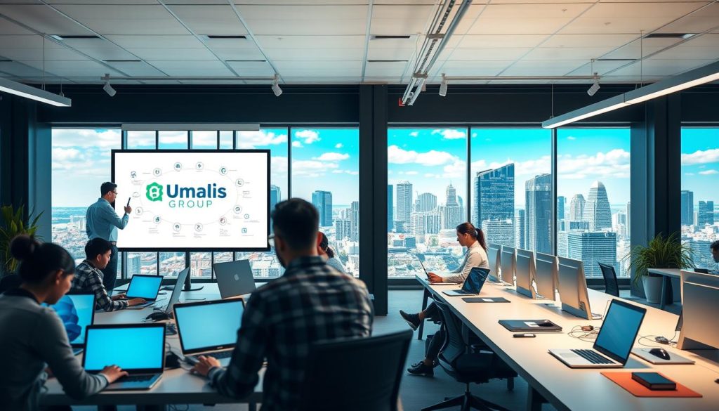 A bustling open-office space, illuminated by soft, diffused lighting. In the foreground, a team of IT professionals immersed in their work, laptops and digital devices arranged neatly on modern, minimalist desks. The middle ground showcases a large, interactive whiteboard, where ideas and strategies are mapped out, the Umalis Group logo prominently displayed. In the background, a panoramic view of a thriving, technology-driven cityscape, skyscrapers and data centers rising against a vibrant, blue sky. The overall atmosphere exudes a sense of productivity, innovation, and the seamless integration of IT professionals within the "portage salarial" ecosystem.