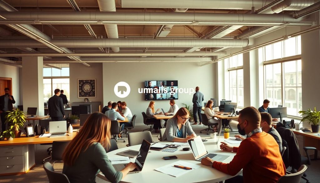 A bustling open-office space, illuminated by warm, natural light filtering through large windows. In the foreground, a group of colleagues collaborating around a circular table, laptops and documents spread out before them. In the middle ground, others are engaged in focused individual work at their desks, while in the background, a few employees are participating in a virtual meeting, their faces visible on a wall-mounted screen. The Umalis Group logo is prominently displayed, conveying a sense of a modern, innovative workplace that embraces flexible work models. The overall atmosphere is one of productivity, collaboration, and a harmonious blend of in-person and remote work.