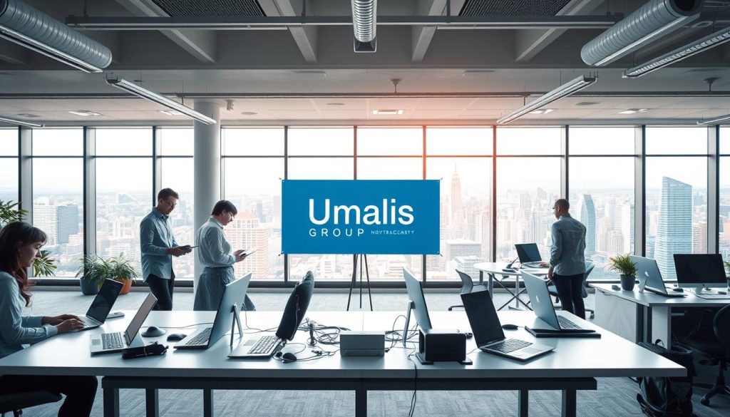 A bustling open-plan office, softly lit by natural daylight filtering through large windows. In the foreground, a team of IT professionals collaborating on a cutting-edge project, their laptops and peripherals arranged neatly on a sleek, modern desk. In the middle ground, a Umalis Group banner proudly displayed, highlighting the company's expertise in flexible staffing solutions for the tech industry. The background reveals a panoramic view of a vibrant city skyline, symbolizing the boundless opportunities available to independent IT consultants through portage salarial. The scene exudes a sense of professionalism, creativity, and empowerment, capturing the essence of "Les Métiers de l'Informatique Adaptés au Portage Salarial".