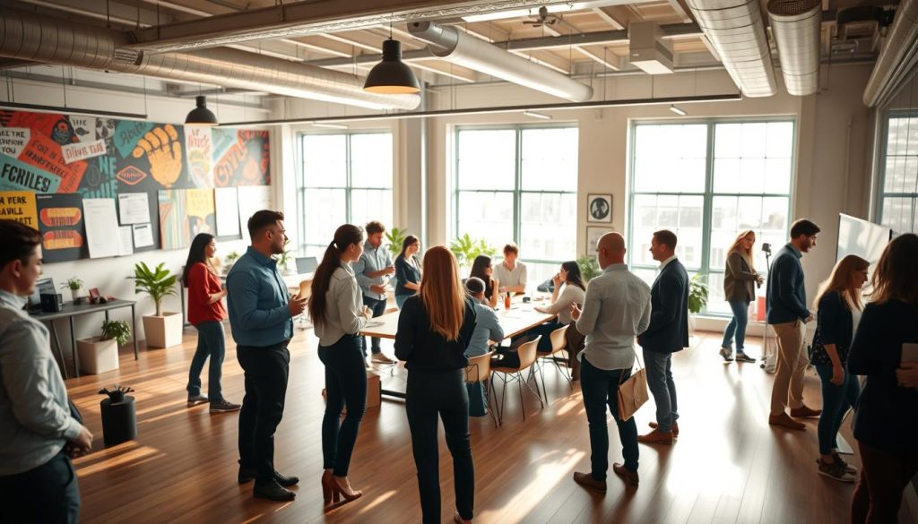 A bustling open-plan office space, filled with light and energy. In the foreground, a group of colleagues from the Umalis Group engaged in a lively discussion, their body language conveying a sense of collaboration and camaraderie. The middle ground features a large conference table, where a team meeting is taking place, with team members actively participating. In the background, the office walls are adorned with colorful artwork and motivational posters, creating a vibrant and inspiring atmosphere. Warm, natural lighting filters in through large windows, casting a soft glow over the scene. The overall mood is one of integration, cohesion, and operational efficiency, reflecting the synergies between the Umalis Group and its consultants in the realm of portage salarial.