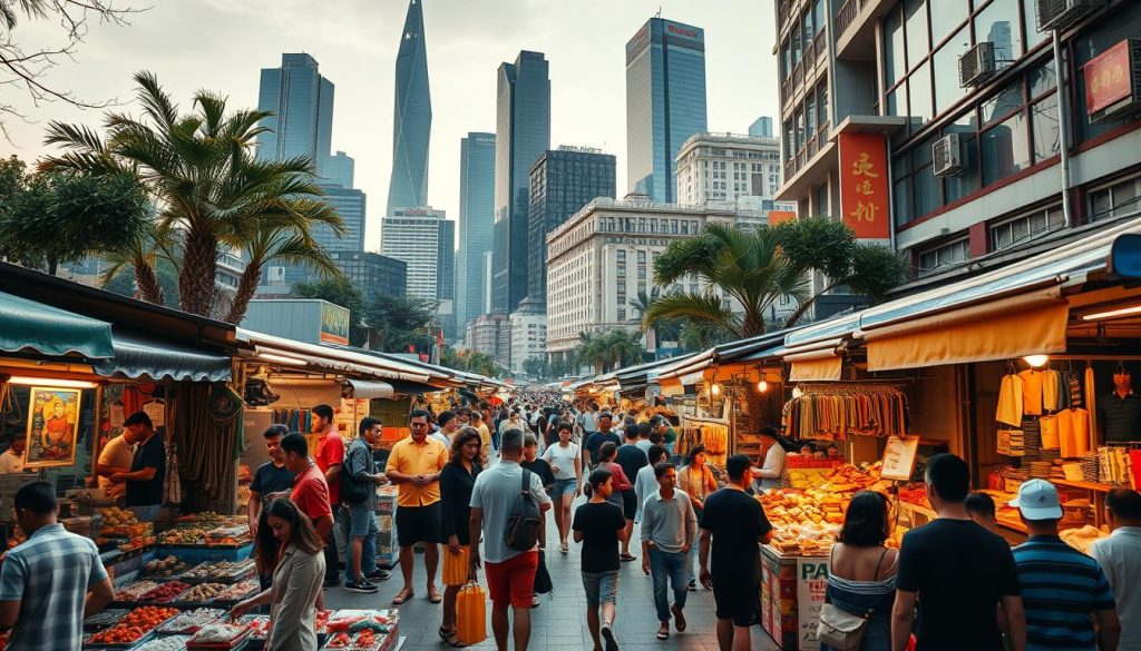 A bustling outdoor market, bustling with activity and energy. In the foreground, a diverse array of vendors and stalls, each offering unique products and services. In the middle ground, customers browse and negotiate, creating a lively atmosphere. The background features towering skyscrapers and modern buildings, symbolizing the integration of traditional and contemporary business strategies. Warm, golden lighting casts a welcoming glow, and the scene is captured through a wide-angle lens to convey a sense of scale and grandeur. This image, reflecting the "Exploring New Markets and Diversifying Customer Base" section, showcases the Umalis Group's approach to market development, blending innovation and tradition for sustainable business growth.