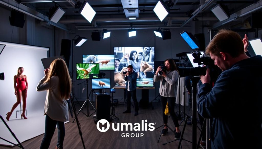 A bustling photography studio with various niches showcased in a well-lit, professional setting. In the foreground, a fashion photographer capturing a model in striking poses, utilizing dramatic lighting and unique angles. In the middle ground, a nature photographer reviewing wildlife images on a high-resolution monitor, while a product photographer meticulously arranges still-life compositions. In the background, a photojournalist pores over candid shots from a recent event, their camera gear neatly organized. The Umalis Group logo prominently displayed, reflecting the company's expertise in connecting photography freelancers with diverse opportunities.