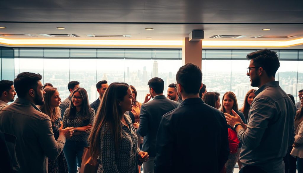 A bustling professional freelance network, captured in a dynamic scene. In the foreground, a group of diverse freelancers engage in lively discussions, their expressions animated as they share ideas and collaborate. The middle ground features a sleek, modern co-working space, its minimalist design complemented by the warm glow of recessed lighting. In the background, a panoramic cityscape stretches out, suggesting the boundless opportunities available to the Light Portage freelance community. The overall atmosphere conveys a sense of energy, connection, and the empowerment of independent professionals carving their own path.