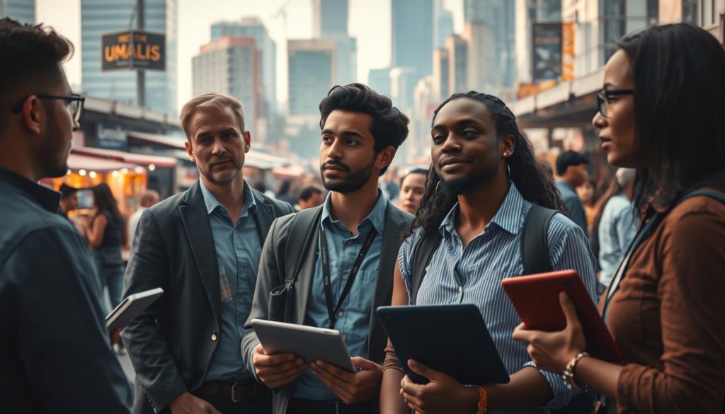 A bustling professional market scene with diverse individuals navigating the challenges of independent work. In the foreground, a group of independent professionals from the Umalis Group converse, expressions pensive as they consider the opportunities and obstacles before them. The middle ground depicts a lively marketplace, vendors showcasing their services amidst the hustle and bustle. In the background, a modern cityscape sets the stage, hinting at the evolving nature of the professional landscape. Soft, diffused lighting casts a contemplative atmosphere, as the subjects ponder the future of flexible work arrangements. Subtle details, such as tablets and laptops, convey the digital tools enabling this new era of independence.
