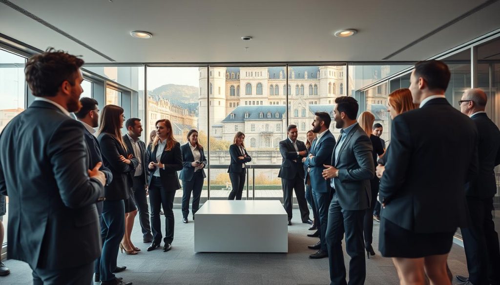 A bustling professional network in the vibrant city of Nantes, captured through the lens of a wide-angle camera. In the foreground, a group of well-dressed individuals engage in animated discussions, their body language conveying a sense of collaboration and camaraderie. The middle ground features a modern, minimalist conference room, where professionals exchange ideas and strategize. In the background, the iconic architecture of Nantes, including the Château des Ducs de Bretagne, creates a picturesque backdrop, bathed in warm, natural lighting. The overall scene reflects the professional, yet welcoming atmosphere of the Umalis Group's Nantes network, a thriving hub for entrepreneurs and career-driven individuals.