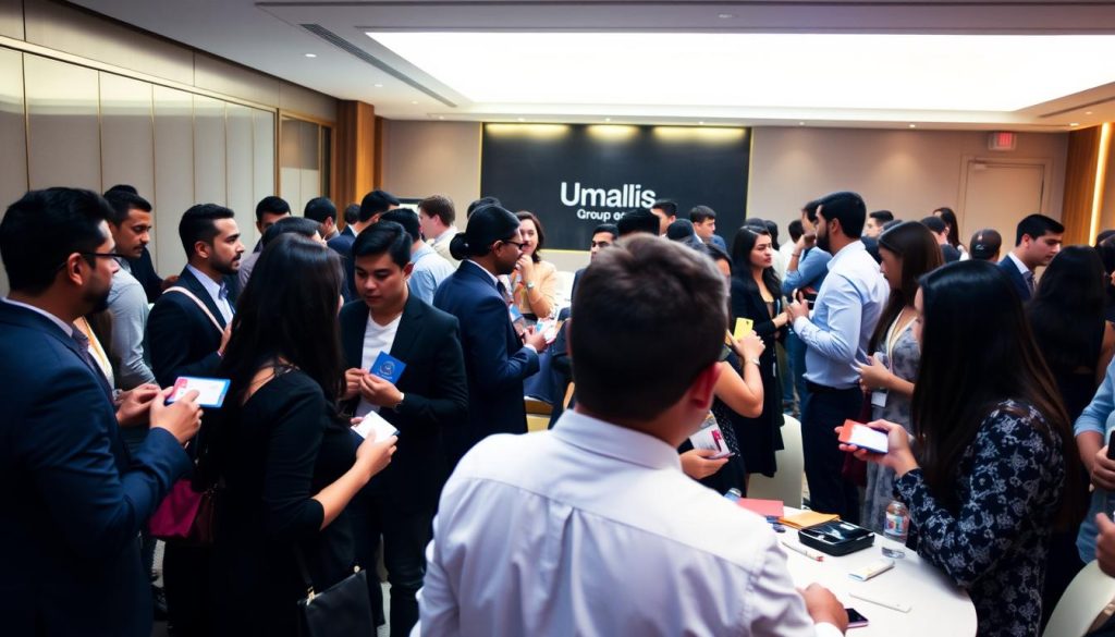 A bustling professional networking event, hosted by the Umalis Group, takes place in a well-lit, modern conference room. In the foreground, a diverse group of freelancers engage in lively conversations, exchanging business cards and making meaningful connections. The middle ground features a backdrop of sleek, minimalist decor, with the Umalis Group branding prominently displayed. The atmosphere is one of energy, collaboration, and the shared pursuit of professional growth. Soft, diffused lighting casts a warm, inviting glow over the scene, capturing the essence of dynamic, effective networking.