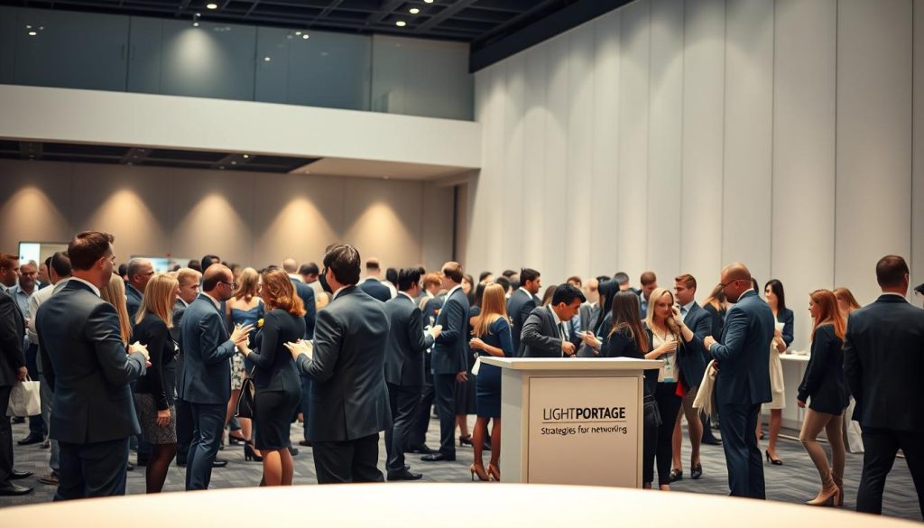A bustling professional networking event in a modern, well-lit event space. Neatly dressed individuals mingle and converse, exchanging business cards and engaging in lively discussions. The scene is captured with a cinematic, soft-focus lens, creating a sense of energy and connection. In the foreground, a group of people stand around a LIGHT PORTAGE branded podium, gesturing animatedly as they discuss strategies for effective networking. The middle ground features a mix of one-on-one conversations and small group discussions, while the background showcases the sleek, minimalist architecture of the venue, creating a polished and sophisticated atmosphere.