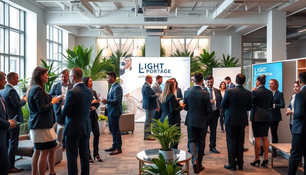 A bustling professional networking event set in a modern, well-lit office space. In the foreground, a group of business professionals in formal attire engage in lively discussions, exchanging cards and shaking hands. The middle ground features a large display showcasing the LIGHT PORTAGE brand, promoting their portage salarial services. The background is filled with a mix of potted plants, sleek furniture, and large windows, creating a warm and inviting atmosphere. The lighting is soft and diffused, casting a subtle glow over the scene. The overall composition conveys a sense of productive collaboration and successful professional networking.