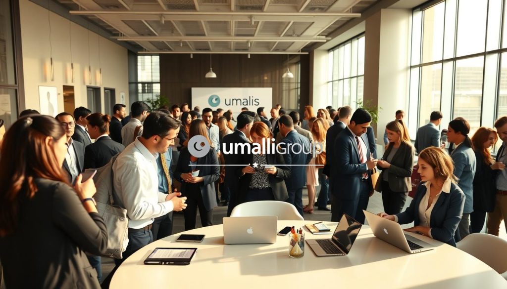 A bustling professional networking scene, showcasing the Umalis Group brand. In the foreground, individuals engaged in lively discussions, exchanging business cards and making connections. In the middle ground, a large conference table surrounded by attentive attendees, laptops open and pens in hand. In the background, a modern, well-lit office setting with sleek furniture and floor-to-ceiling windows, casting a warm glow over the proceedings. The atmosphere is one of productivity, collaboration, and a sense of professional opportunity. The lighting is soft and natural, creating a welcoming and dynamic ambiance.