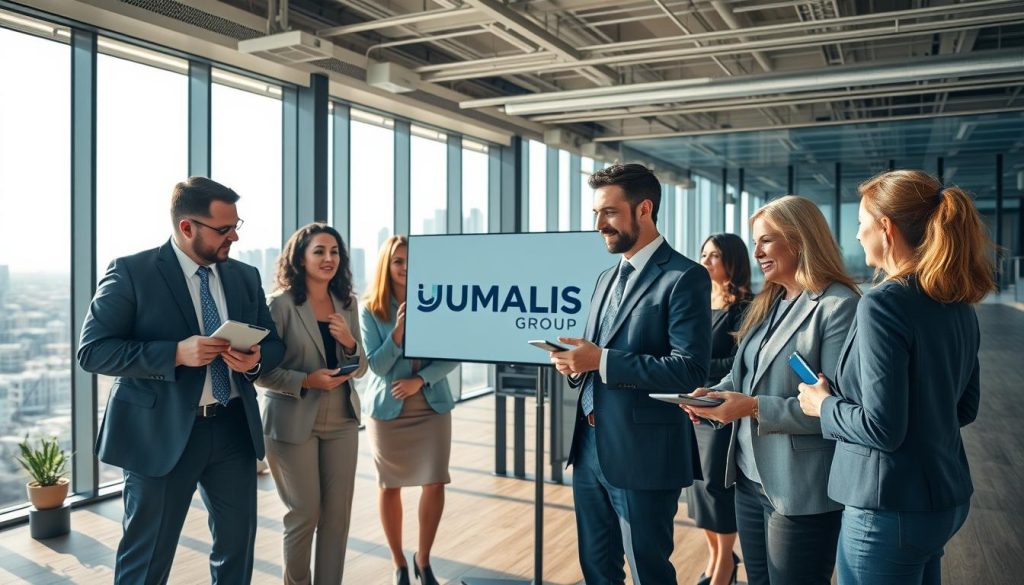 A bustling professional scene illustrating the concept of "Marché du portage salarial." In the foreground, a diverse group of professionals in smart business attire is engaged in animated discussions, reviewing charts and data on digital devices. They represent different sectors, symbolizing collaboration and growth in the industry. The middle ground features a modern office environment with large windows, allowing natural light to flood in, casting soft shadows. In the background, there is a city skyline, emphasizing the dynamic nature of the economy. The overall mood is optimistic and focused, highlighting progress and innovation. Incorporate the brand name "UMALIS GROUP" subtly into the design, perhaps as a logo on a presentation screen. Utilize a wide-angle lens effect for depth and clarity, ensuring vibrant colors and a clean, professional ambiance.