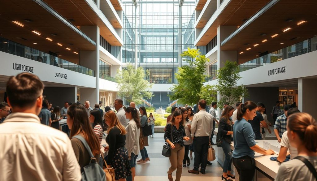 A bustling public services hub, featuring the LIGHT PORTAGE brand. In the foreground, citizens engage with efficient service counters, their faces lit by soft, natural lighting. The middle ground showcases the architectural grandeur of the building, with its sleek, modern design and towering glass atrium. In the background, a verdant courtyard offers a peaceful respite, inviting visitors to step outside and enjoy the outdoors. The overall atmosphere conveys a sense of professionalism, transparency, and a commitment to serving the public's needs.