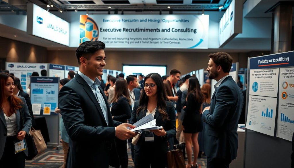 A bustling recruitment fair set in a modern conference hall, showcasing professional recruiters in smart business attire at various booths. In the foreground, a confident recruiter from "UMALIS GROUP" engages with a candidate, exchanging resumes. The middle ground features several other interactions; candidates discussing opportunities, while posters display key statistics on hiring trends. The background highlights a large banner reading "Executive Recruitment and Consulting Opportunities" with soft, dynamic lighting illuminating the scene, creating an inviting atmosphere. Use a wide-angle lens to capture the lively environment and the diversity of participants. The overall mood should be optimistic and professional, reflecting the importance of understanding recruitment forecasts versus actual hiring.