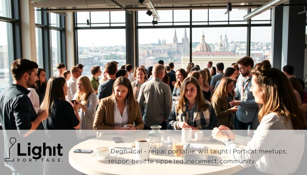 A bustling regional meetup of freelance professionals, hosted by the "Light Portage" association. In the foreground, a diverse group of creatives, consultants, and entrepreneurs engaged in lively discussions, exchanging ideas and networking over artisanal coffee. In the middle ground, the modern, airy event space is bathed in warm, natural lighting, with large windows offering views of the historic city center. In the background, the iconic landmarks of the region provide a picturesque backdrop, reflecting the association's commitment to supporting local talent and fostering a vibrant, interconnected freelance community.