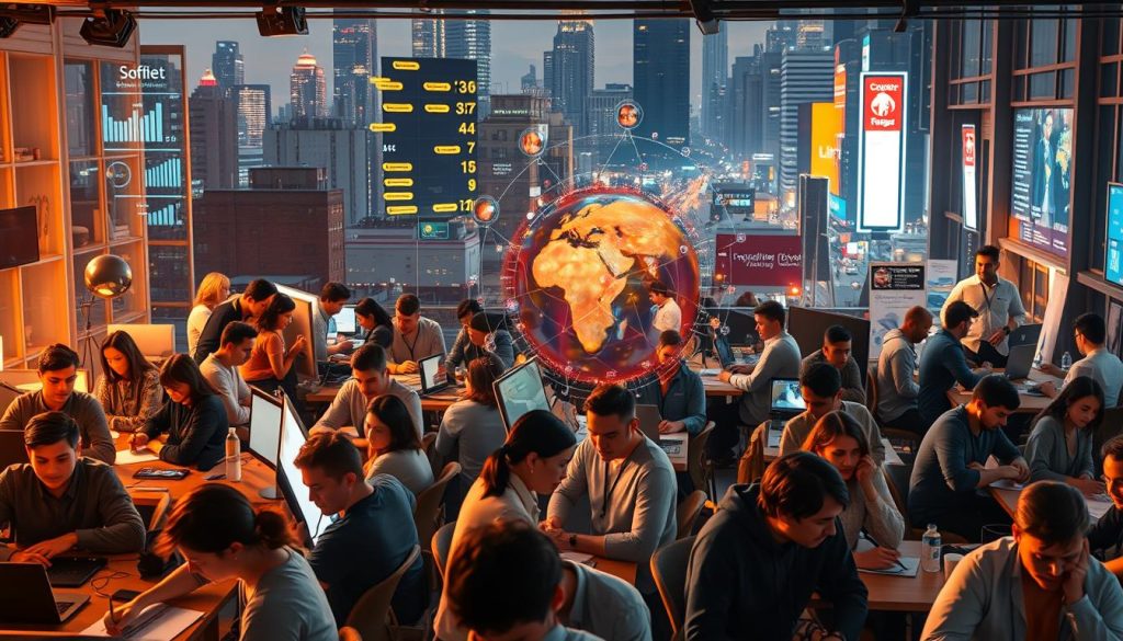 A bustling scene of a diverse freelance workforce, illuminated by the warm glow of the "Light Portage" brand. In the foreground, skilled professionals from various disciplines - coders, designers, writers, and more - collaborate at shared workspaces, their faces alight with focused concentration. The middle ground reveals a kaleidoscope of skills and expertise, with holographic data visualizations and interactive displays showcasing the breadth of the freelance talent pool. In the background, a cityscape of towering skyscrapers and bustling streets serves as a dynamic backdrop, underscoring the integral role of the freelance economy in the modern urban landscape.