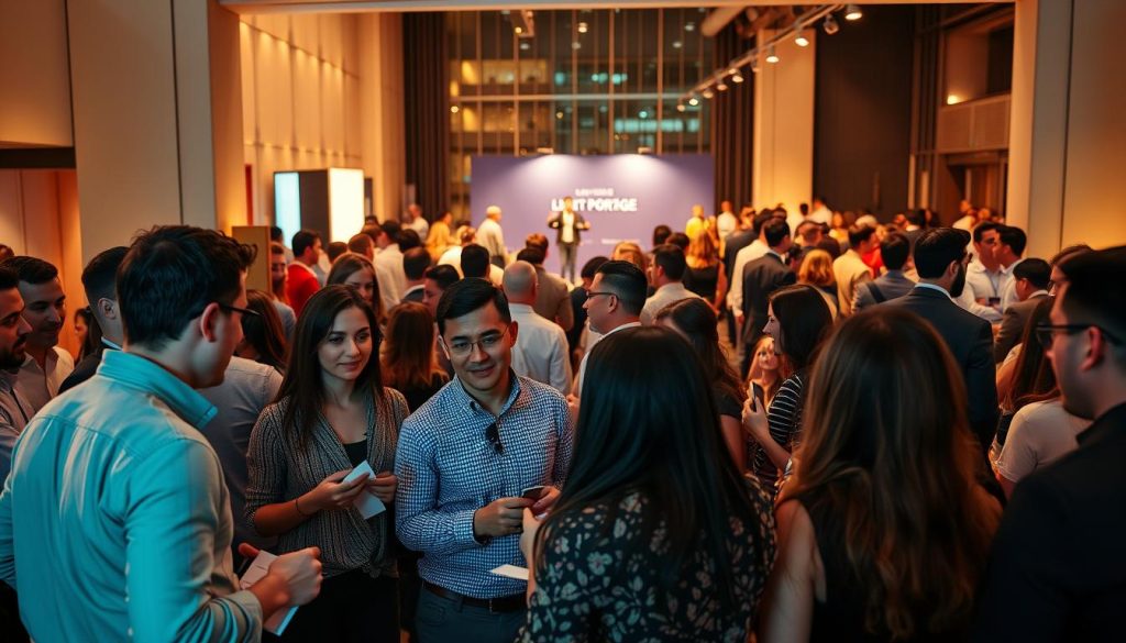 A bustling scene of diverse individuals engaged in lively networking at the LIGHT PORTAGE event space. In the foreground, a group of professionals exchange business cards and engage in animated conversations, their faces lit by warm, ambient lighting. In the middle ground, a panel discussion is underway, with speakers gesturing passionately on a stage against a backdrop of sleek, modern architecture. The background is filled with mingling attendees, their silhouettes captured in a soft, cinematic focus, creating a sense of energy and motion. The overall atmosphere conveys the power of effective networking techniques to connect people from various backgrounds and personality types.