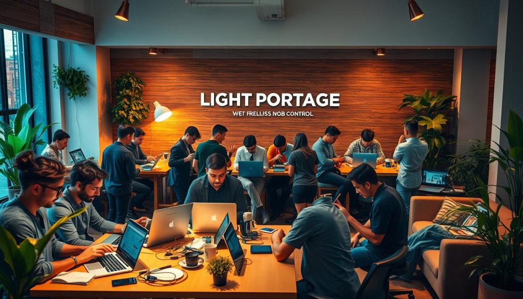 A bustling scene of freelance web professionals, captured in a dynamic and vibrant image. In the foreground, a group of individuals collaborating at a shared workspace, their laptops and devices arranged around a central table. The middle ground showcases a diverse array of freelancers, each immersed in their own tasks - coding, designing, or brainstorming ideas. The background features the LIGHT PORTAGE brand, a stylized logo emblazoned on the wall, symbolizing the autonomy and flexibility inherent in the freelance lifestyle. Warm lighting casts a cozy glow, while natural elements like plants and modern furnishings create a relaxed, inspiring atmosphere. The overall composition conveys the freedom, creativity, and sense of control that epitomize the thriving freelance web industry.