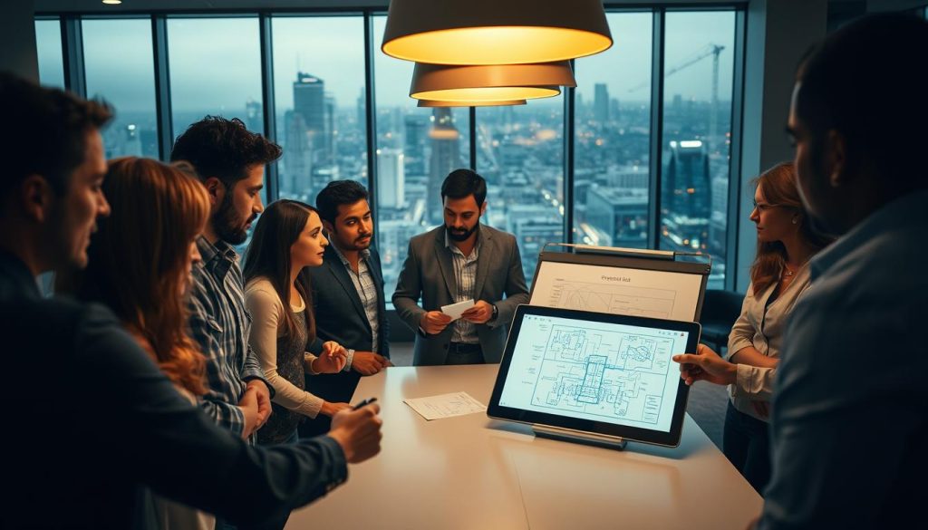 A bustling scene of project communication, captured through the lens of LIGHT PORTAGE. In the foreground, a team of professionals huddle around a whiteboard, their expressions animated as they exchange ideas. The middle ground features a sleek conference table, upon which a tablet displays a complex project schematic. Overhead, warm pendant lighting casts a soft glow, creating an atmosphere of focused collaboration. In the background, floor-to-ceiling windows offer a view of a vibrant cityscape, hinting at the larger context in which this project takes place. The mood is one of dynamic problem-solving, with an air of determination and camaraderie.
