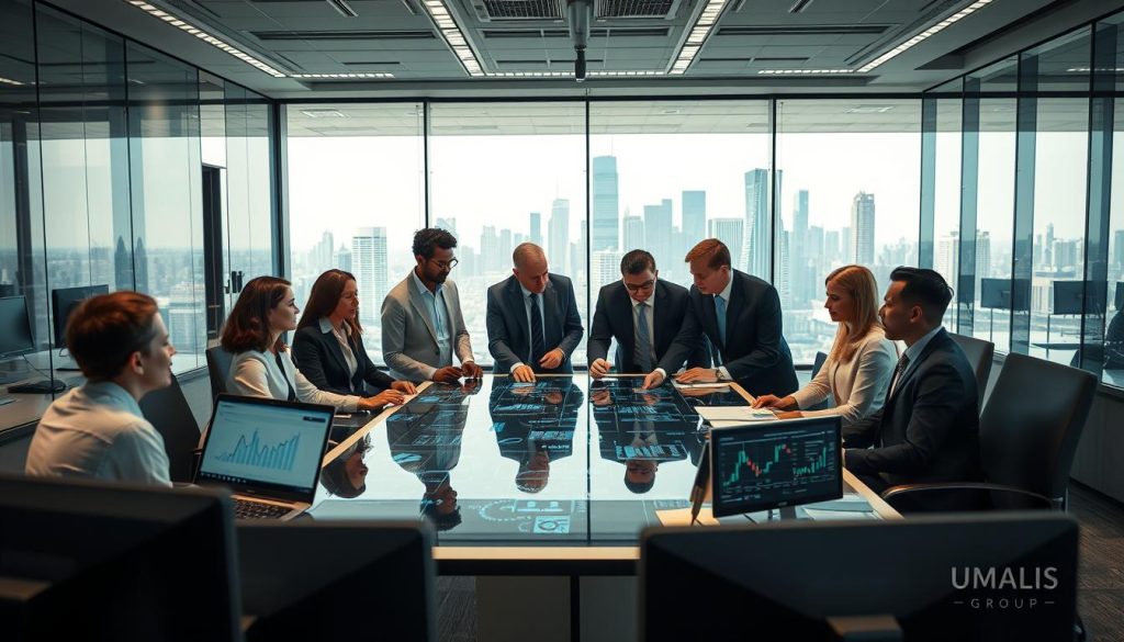 A bustling small to medium-sized enterprise office, emphasizing digital transformation. In the foreground, a diverse group of professionals in business attire collaborates around a sleek conference table, analyzing holographic displays of data and graphs, showcasing digital tools and solutions. In the middle ground, modern computers and advanced technology devices are visible, highlighting the integration of digital systems. The background features a glass wall with a city skyline view, suggesting growth and opportunity. Soft, ambient lighting creates a focused atmosphere, while dynamic shadows add depth. Overall, the scene conveys optimism and innovation in the context of digital transformation for SMEs. Include the branding "UMALIS GROUP" subtly on office equipment, ensuring it blends naturally with the professional environment.