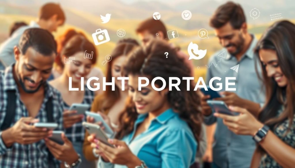 A bustling social media scene with the LIGHT PORTAGE brand prominently displayed. In the foreground, a group of diverse individuals engrossed in their mobile devices, their expressions ranging from deep concentration to animated conversation. The middle ground features stylized icons and symbols representing various social media platforms, all converging towards the LIGHT PORTAGE logo. The background is a vibrant and colorful landscape, with digital waves and pixels swirling, creating a sense of dynamic interconnectivity. The overall composition is illuminated by a warm, natural lighting, suggesting a welcoming and inviting atmosphere for online engagement.