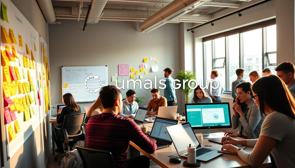 A bustling startup workspace with the Umalis Group logo prominently displayed. Colorful sticky notes, whiteboards, and laptop screens illustrate the challenges and solutions that dynamic startups face, from cash flow management to talent recruitment. A mix of focused employees collaborating and brainstorming ideas creates an energetic, forward-thinking atmosphere. Warm, natural lighting filters through large windows, casting a soft glow on the modern, minimalist office design. The overall scene conveys the excitement and dynamism of startups navigating the unique landscape of contract work and remote employment. A bustling startup workspace with the Umalis Group logo prominently displayed. Colorful sticky notes, whiteboards, and laptop screens illustrate the challenges and solutions that dynamic startups face, from cash flow management to talent recruitment. A mix of focused employees collaborating and brainstorming ideas creates an energetic, forward-thinking atmosphere. Warm, natural lighting filters through large windows, casting a soft glow on the modern, minimalist office design. The overall scene conveys the excitement and dynamism of startups navigating the unique landscape of contract work and remote employment.