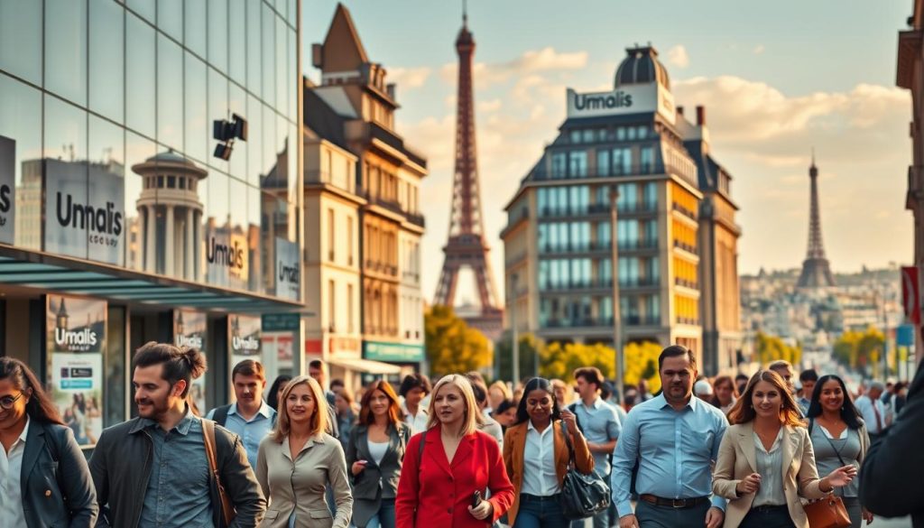A bustling street scene in the heart of France, showcasing the current trends in the salaried portage industry. In the foreground, a diverse group of professionals, from young entrepreneurs to seasoned executives, stroll past sleek office buildings adorned with the Umalis Group logo. The mid-ground features a mix of modern and historic architecture, reflecting the blend of tradition and innovation that characterizes the French salaried portage landscape. In the background, a vibrant cityscape unfolds, with the Eiffel Tower visible in the distance, lending an unmistakable Parisian ambiance. The scene is bathed in warm, golden light, conveying a sense of prosperity and opportunity. Overall, the image captures the dynamic, ever-evolving nature of salaried portage in France.