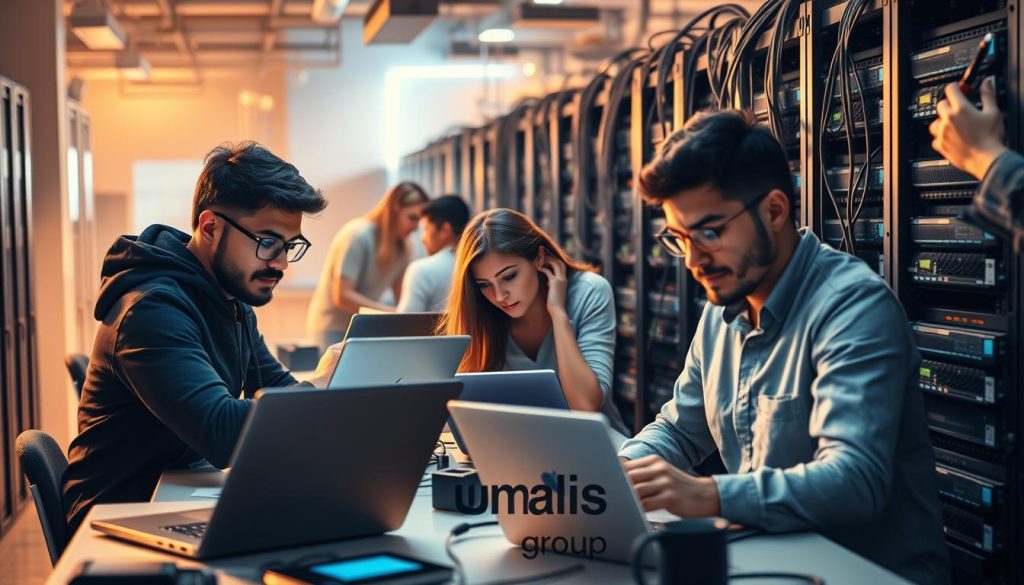 A bustling tech hub filled with dynamic professionals, showcasing the diverse "métiers informatique" of the Umalis Group. In the foreground, a team of software engineers collaborates on sleek laptops, their expressions focused as they problem-solve. In the middle ground, a data analyst pores over intricate visualizations, her gaze intense. In the background, a network administrator maintains the server racks, their hands deftly navigating the cabling. Warm lighting casts a sense of productivity and innovation, while a subtle haze suggests the energy and intensity of the digital world. The Umalis Group logo stands proud, a symbol of the expertise and dedication that drives this thriving IT landscape.