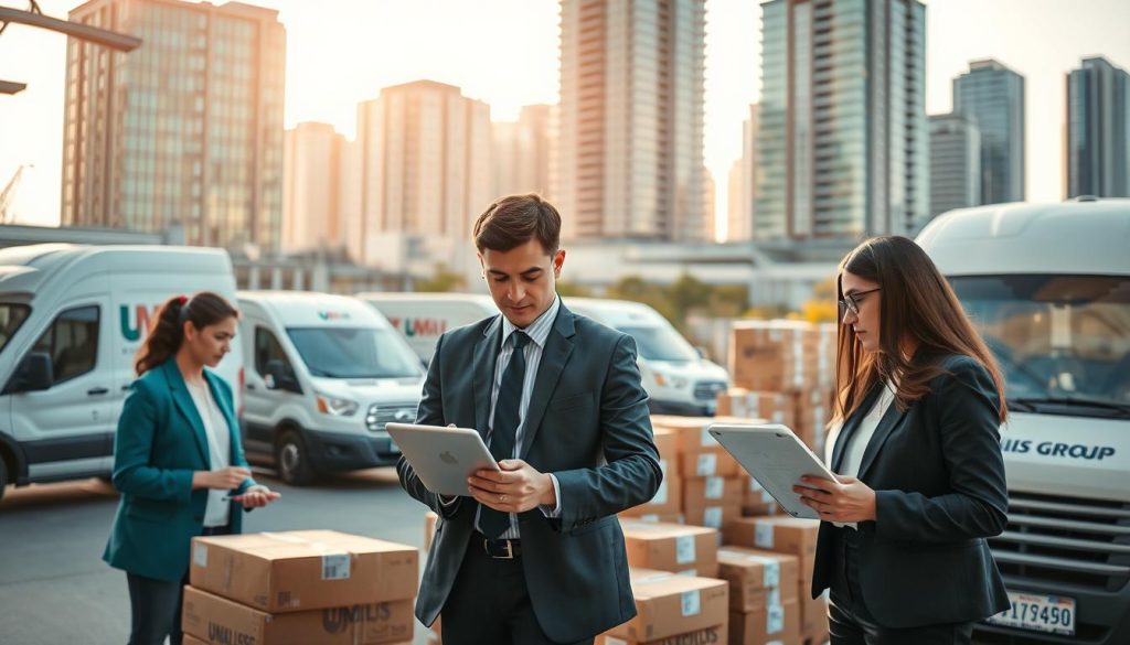 A bustling urban delivery hub showcasing the efficiency of shipping and delivery services provided by Umalis Group. In the foreground, a diverse group of professionals in smart business attire coordinate logistics, with one person scanning packages and another consulting a digital tablet. The middle ground features delivery vans branded with the Umalis Group logo, surrounded by neatly stacked boxes ready for dispatch. In the background, a skyline of modern office buildings is bathed in warm, natural sunlight, enhancing the atmosphere of productivity and reliability. The angle captures the action from a slightly elevated perspective, conveying a sense of organization and teamwork, with a soft focus on the background to emphasize the professionals at work.