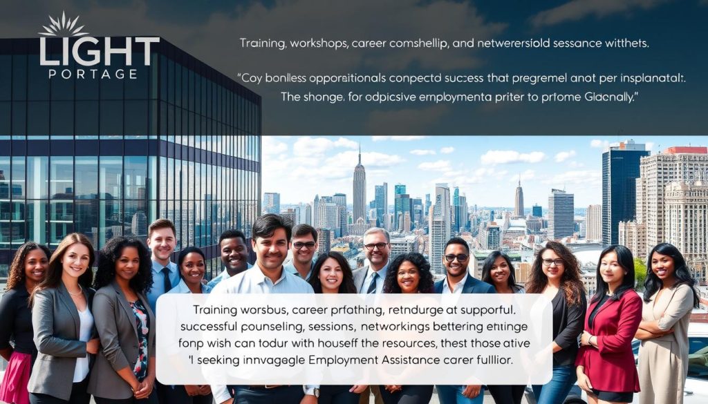 A bustling urban landscape comes into view, with the LIGHT PORTAGE logo prominently displayed on a modern office building. In the foreground, a diverse group of professionals, each representing a different industry, stand together, their faces full of purpose and determination. The middle ground depicts a mix of training workshops, career counseling sessions, and networking events, all designed to support and empower those seeking successful professional integration. The background showcases a vibrant cityscape, symbolizing the boundless opportunities that await those who seize the resources offered by LIGHT PORTAGE's innovative employment assistance programs. The scene radiates a sense of optimism, camaraderie, and a shared commitment to achieving meaningful and lasting career fulfillment.