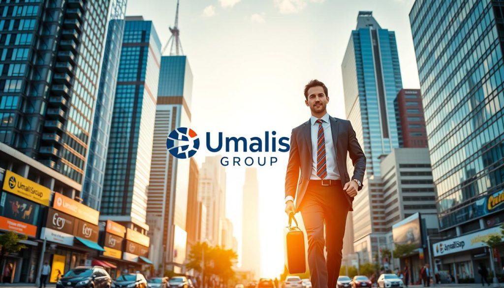 A bustling urban landscape, with towering skyscrapers and a dynamic street scene below. In the foreground, a young professional in a smart suit strides confidently, briefcase in hand, representing the vibrant workforce. In the middle ground, the Umalis Group logo stands prominently, symbolizing the support and security of a reputable portage salarial provider. The background is illuminated by warm, golden sunlight, conveying a sense of opportunity and optimism. The scene evokes the energy and potential of young graduates navigating the modern job market, empowered by the advantages of the portage salarial system.