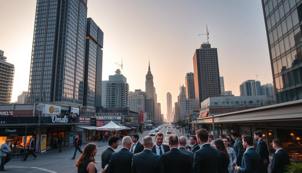 A bustling urban landscape, with towering skyscrapers casting long shadows across the streets below. In the foreground, a group of well-dressed professionals gathered, deep in discussion about their next "portage salarial" mission, organized by the Umalis Group. The mid-ground features a mix of local shops, restaurants, and co-working spaces, reflecting the diverse needs of the independent contractors. In the background, a hazy sunset paints the sky in warm hues, evoking a sense of both productivity and uncertainty. The scene is captured with a wide-angle lens, emphasizing the sense of scale and the challenge of finding one's own missions in this dynamic urban environment.