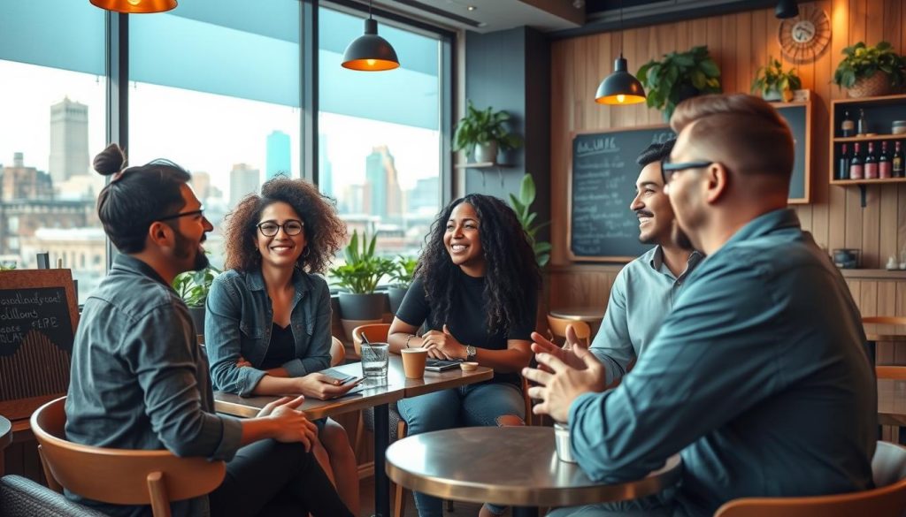 A bustling urban scene, featuring a group of diverse freelancers discussing their experiences with the UMALIS GROUP's portage salarial services. The setting is a cozy cafe, with warm lighting and a relaxed atmosphere. In the foreground, three individuals are engaged in a lively conversation, their expressions animated as they share their successes and insights. The middle ground showcases the cafe's inviting ambiance, with small tables, potted plants, and a chalkboard menu. In the background, the city skyline is visible through large windows, hinting at the freelancers' diverse range of clients and projects. The overall mood is one of camaraderie, professionalism, and the empowerment that the UMALIS GROUP's portage salarial solutions have brought to these freelance professionals.