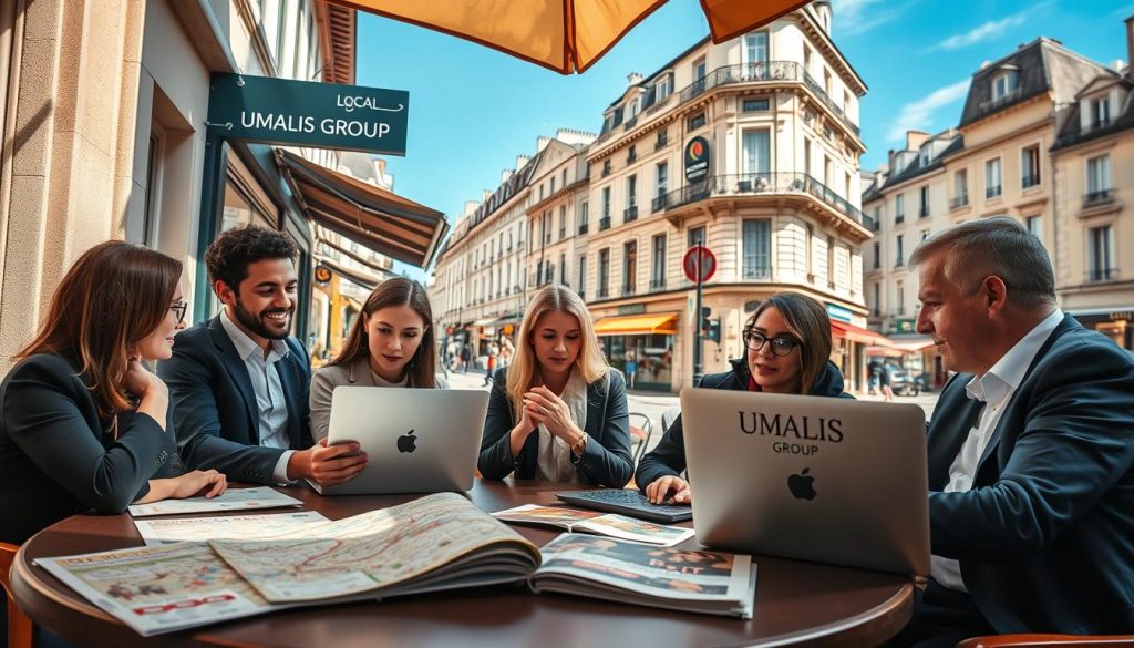 A bustling urban scene in France showcasing "local SEO," with a focus on a cozy café where a diverse group of professionals in smart casual attire is discussing strategies on laptops. In the foreground, a table is filled with marketing materials like maps and brochures highlighting local attractions. The middle ground features a vibrant street with local businesses; signage indicates unique stores or services. The background reveals classic French architecture under a clear blue sky, suggesting a lively community atmosphere. Natural lighting casts soft shadows, enhancing the focus on the group and their passionate engagement. The branding "UMALIS GROUP" subtly appears on one of the laptops. The overall tone is dynamic and collaborative, emphasizing local connectivity and marketing success. A bustling urban scene in France showcasing "local SEO," with a focus on a cozy café where a diverse group of professionals in smart casual attire is discussing strategies on laptops. In the foreground, a table is filled with marketing materials like maps and brochures highlighting local attractions. The middle ground features a vibrant street with local businesses; signage indicates unique stores or services. The background reveals classic French architecture under a clear blue sky, suggesting a lively community atmosphere. Natural lighting casts soft shadows, enhancing the focus on the group and their passionate engagement. The branding "UMALIS GROUP" subtly appears on one of the laptops. The overall tone is dynamic and collaborative, emphasizing local connectivity and marketing success.