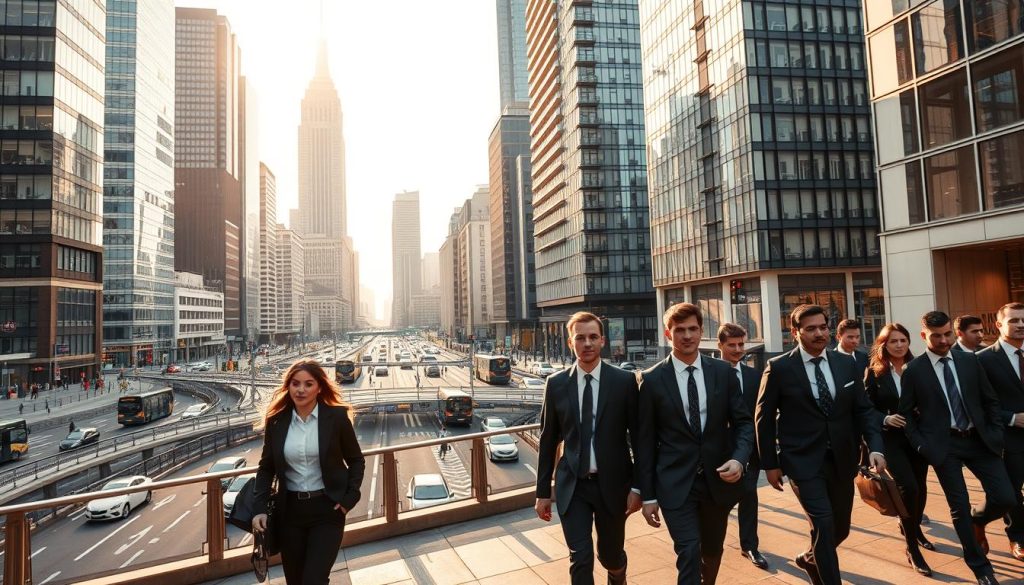 A bustling urban scene in Paris, France, where the concept of "Portage Salarial" is brought to life. In the foreground, a group of professional office workers stride purposefully, dressed in sharp business attire. In the middle ground, modern high-rise buildings tower overhead, their glass facades reflecting the city's vibrant energy. The background is filled with a network of roads and public transportation, creating a sense of the dynamic, fast-paced nature of the Portage Salarial system. The lighting is a warm, golden hue, evoking a sense of productivity and efficiency. The overall mood is one of professionalism, organization, and the seamless integration of employment and financial services.