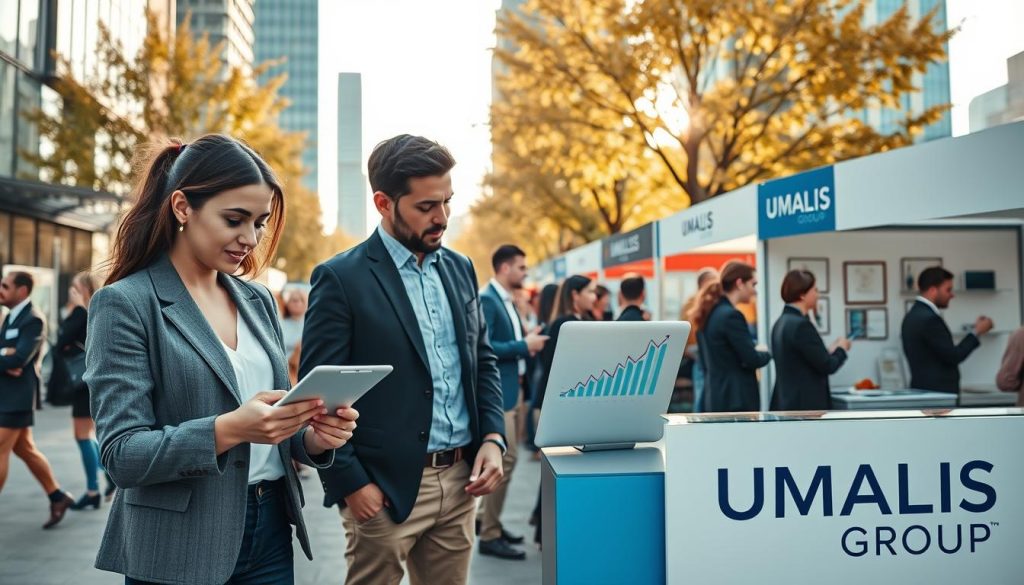A bustling urban scene representing "Marché des missions et portage salarial," featuring a diverse group of professionals in business attire engaging in discussions about freelance opportunities. In the foreground, a woman in a smart blazer is analyzing documents on a tablet, while a man next to her is pointing at a digital chart displayed on a laptop. The middle ground captures the essence of a vibrant marketplace, with stalls showcasing various freelance services, and professionals interacting. The background features modern office buildings suggestive of a corporate environment, with trees hinting at autumn colors. Late afternoon sunlight casts a warm glow, creating a productive and optimistic atmosphere. The image reflects the brand name "UMALIS GROUP" subtly integrated into a stall design. The overall mood conveys a sense of opportunity and adaptability in the evolving job market.