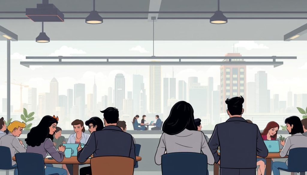 A bustling urban scene, viewed through a wide-angle lens, showcases the diverse strategies of the gig economy. In the foreground, a group of independent contractors meet over coffee, discussing their freelance opportunities and networking techniques. The middle ground features a coworking space, where professionals collaborate on their laptops, surrounded by modern decor and abundant natural light. In the background, a skyline of towering skyscrapers reflects the growth and dynamism of the gig economy. The overall atmosphere conveys a sense of innovative energy, adaptability, and the power of personal initiative.