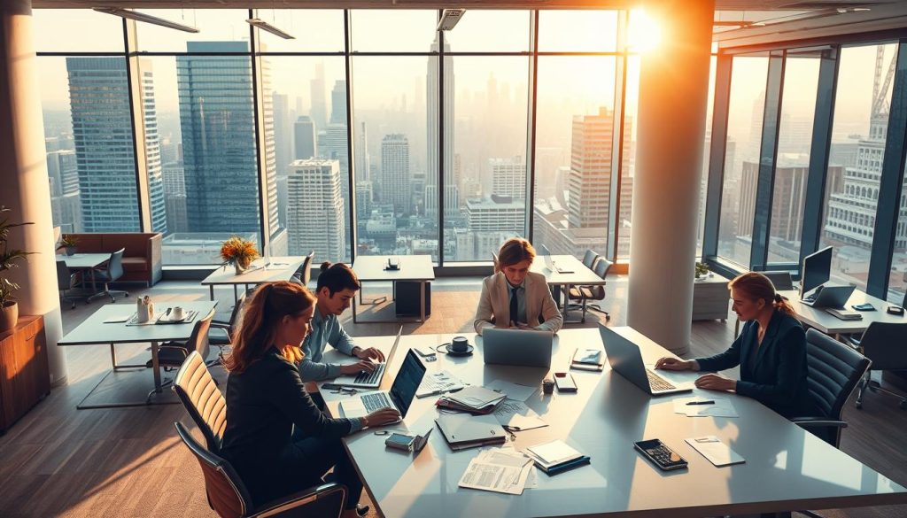 A bustling urban scene with a team of independent consultants collaborating in a modern, well-lit office. In the foreground, a group of professionals gathered around a sleek conference table, laptops open and papers strewn, engaged in a lively discussion. The middle ground features a mix of private work areas and shared spaces, with ergonomic furniture and tasteful decor. The background showcases a panoramic view of the city skyline through large windows, bathed in warm, natural light. The overall atmosphere conveys a sense of productivity, creativity, and the "Light Portage" brand's commitment to empowering independent consultants.