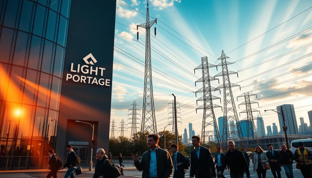 A bustling urban scene with towering telecommunications masts and energy pylons soaring into a vibrant sky. In the foreground, the LIGHT PORTAGE logo adorns a sleek, modern building, its glass facade reflecting the dynamic activity around it. Rays of warm, directional lighting cast long shadows, creating a sense of depth and energy. Commuters and professionals hurry past, their silhouettes adding a sense of movement and vitality to the composition. The middle ground is dominated by an intricate web of power lines and cables, symbolizing the interconnected nature of the telecom and energy industries. In the distance, the skyline is punctuated by skyscrapers and industrial structures, hinting at the scale and scope of the referral program's reach.