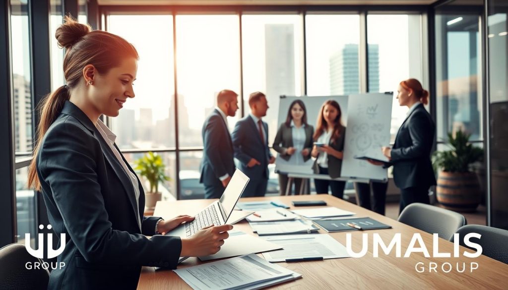 A bustling urban workspace showcasing a stylish, modern office with professionals engaged in discussions. In the foreground, a confident woman in professional attire, focused and analyzing job opportunities on her laptop, is seen surrounded by documents and notes about "Recherche de missions portage salarial". In the middle, a diverse group of individuals (men and women) in business attire collaborates over a whiteboard filled with strategies and ideas, emphasizing teamwork and innovation. The background features sleek glass windows revealing a city skyline under soft, natural lighting, suggesting a bright and optimistic atmosphere. The composition captures a sense of dynamism and professionalism, ideal for depicting the essence of job searching in the context of portage salarial. A subtle logo of "UMALIS GROUP" is integrated into the setting, reinforcing the corporate theme.