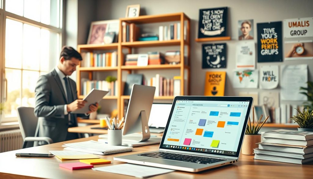 A bustling workspace illustrating "Work Optimization Methods and Tools." In the foreground, a well-organized desk features a laptop open to a project management app, colorful sticky notes, and a digital planner. To the left, a person in professional business attire (a man working on his laptop) focuses intently on their tasks. In the middle ground, shelves lined with productivity books and motivational posters set the scene for learning. The background shows a large window allowing natural sunlight to pour in, illuminating the space and casting a warm glow. The atmosphere is motivational and dynamic, promoting a sense of efficiency and clarity. Include subtle branding elements of "UMALIS GROUP" integrated into the desk accessories or on the computer screen. Use a soft focus lens effect for a polished look.