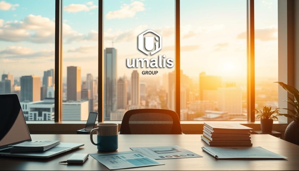 A bustling workspace with a freelancer's desk featuring a laptop, coffee mug, and financial documents. In the middle ground, a Umalis Group logo adorns the wall, symbolizing the company's support for gig economy strategies. The background depicts a modern, minimalist office setting with large windows overlooking a vibrant cityscape. Warm, natural lighting illuminates the scene, creating a productive and aspirational atmosphere. The composition conveys a sense of organization, efficiency, and the financial considerations crucial for a successful freelance career.