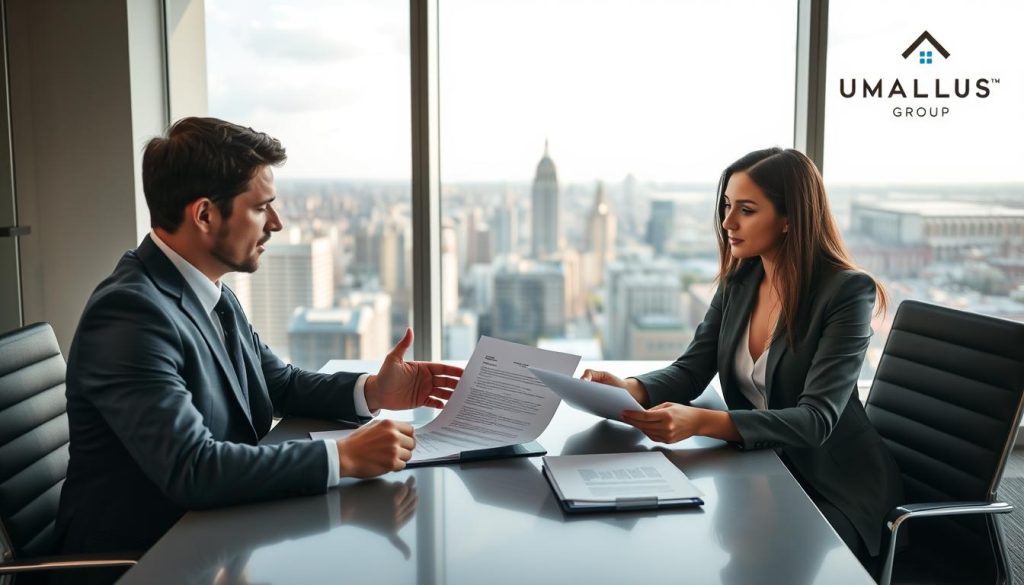 A busy and professional negotiation scene unfolds in a modern office setting, depicting two individuals engaged in a discussion over a contract. In the foreground, a well-dressed man and woman, both in smart business attire, are seated at a sleek conference table, intently studying documents. The woman gestures towards a proposal, illustrating points with confidence. The background features a panoramic view of a bustling city skyline through large glass windows, symbolizing opportunity and growth. Soft natural light filters in, casting a warm ambiance across the room. In a corner, a discreet logo reads "UMALIS GROUP". The mood is focused and collaborative, capturing the essence of negotiating contracts for independent professionals in France.