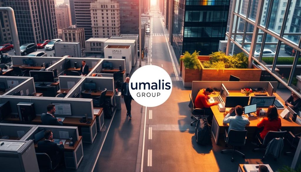 A busy cityscape with two contrasting scenes: on the left, a corporate office environment with cubicles and suited professionals, and on the right, a more open, creative workspace with freelancers working independently. In the center, a Umalis Group logo stands as a bridge between the two worlds. The lighting is warm and natural, with soft shadows and highlights accentuating the details. The overall tone is one of comparison and choice, inviting the viewer to consider the differences between traditional employment and the self-directed life of a freelancer.