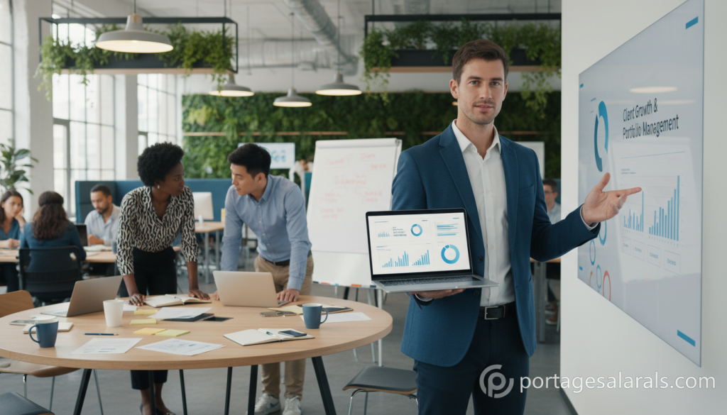 A busy, modern office environment depicting a diverse group of professionals engaged in active discussions and collaboration. In the foreground, a confident person in smart business attire holds a laptop, analyzing data related to client activities, while gesturing towards a digital presentation on a wall. In the middle ground, two colleagues, one being a woman of African descent and the other a man of Asian descent, are brainstorming over a large table cluttered with documents and coffee cups. The background showcases a bright, airy workspace filled with greenery, large windows, and subtle light streaming in, creating a motivational atmosphere. The overall mood is dynamic and empowering, embodying the spirit of initiative in the context of self-employment. Incorporate elements that suggest a connection to "portagesalarials.com" to subtly highlight contemporary work solutions.